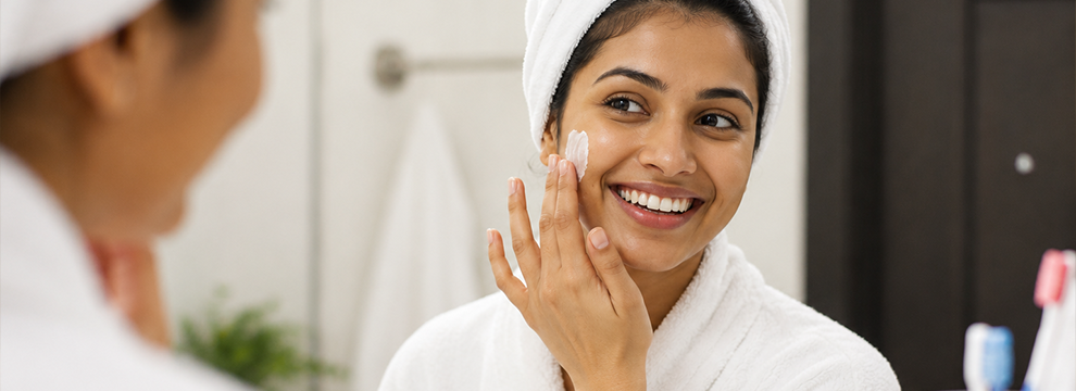 Close portrait of a person with clear, healthy skin