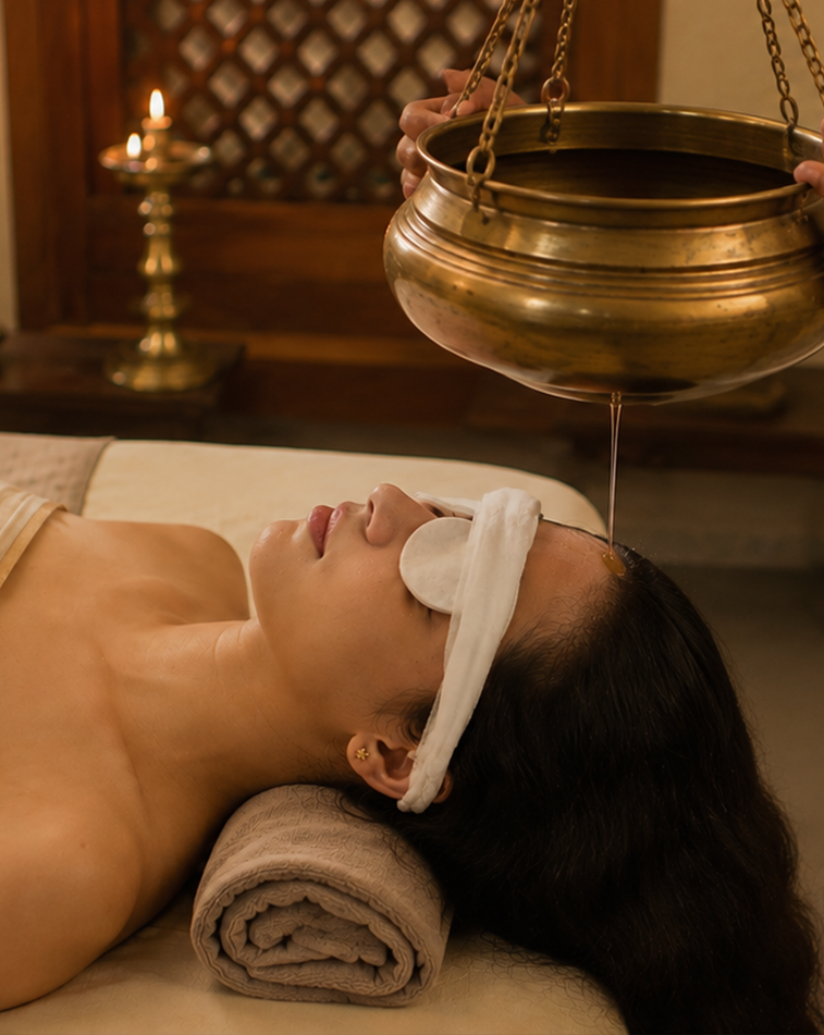 An Ayurvedic oil therapy being administered