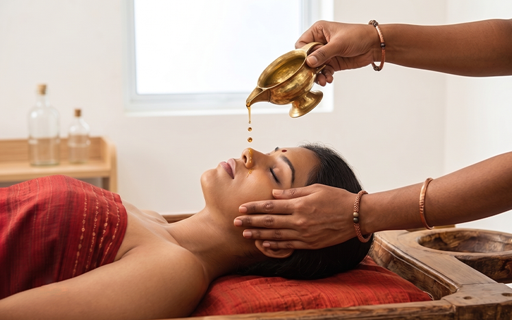 Medicated oil being administered nasally during Nasya