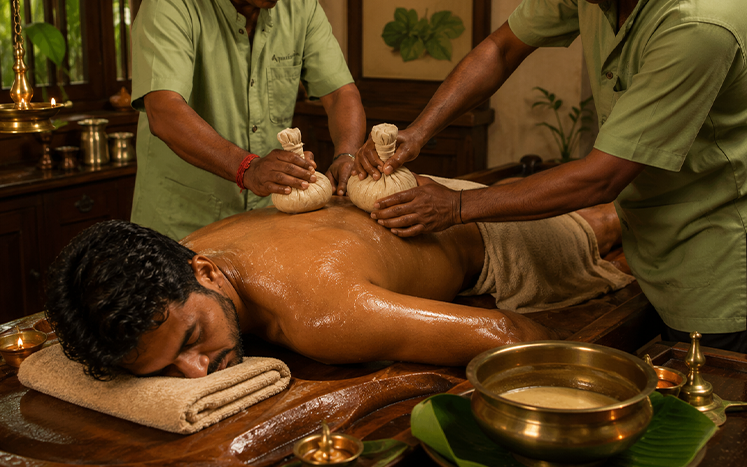 Cloth boluses of medicinal rice being applied warm to the body